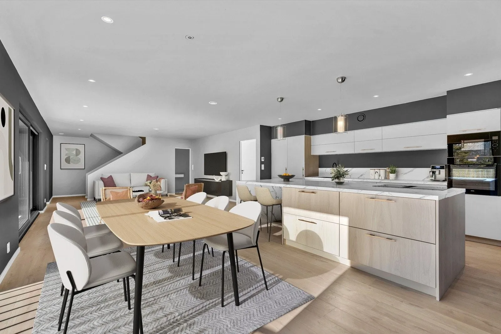 Kjøkken med kjøkkenøy og spiseplass etter renovering, Tomannsbolig Vinterbro, Vinterbro